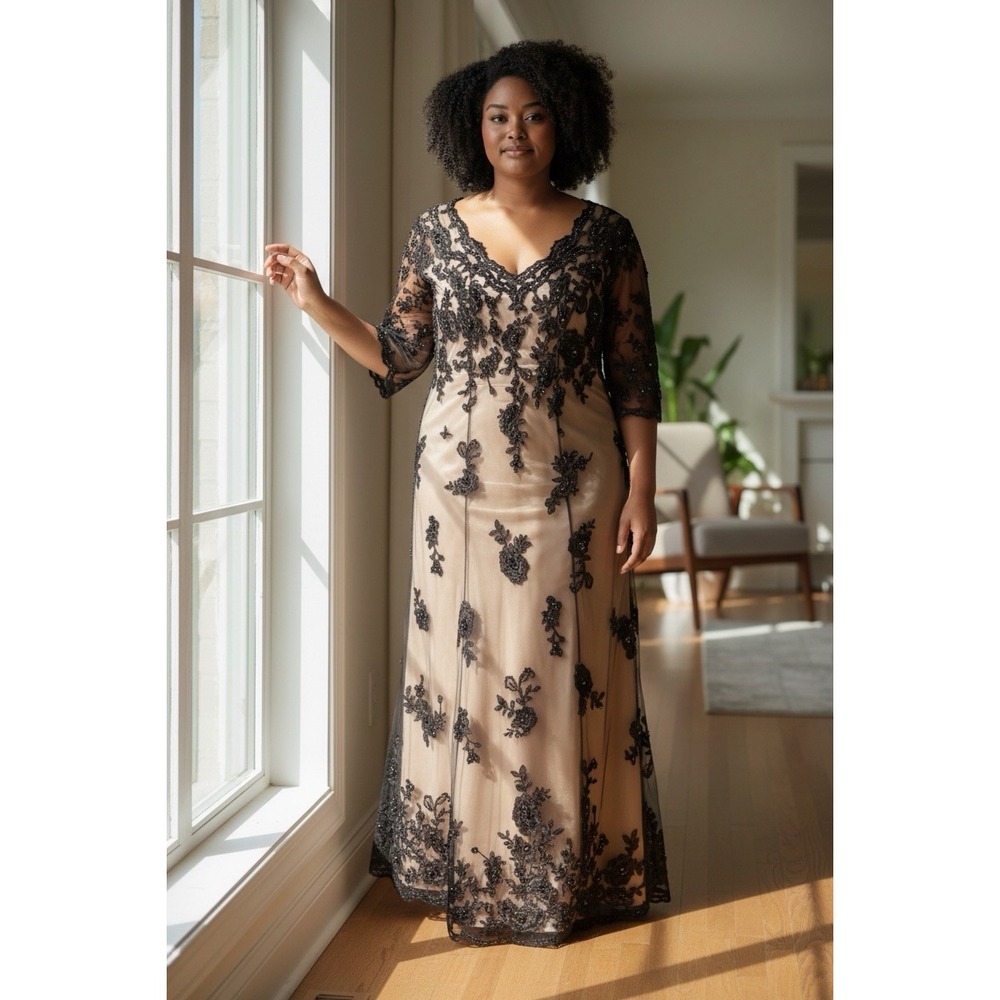 Vintage Jovani Evening Gown US Women's M/L Brown Tan Beaded Lace Mother of Bride